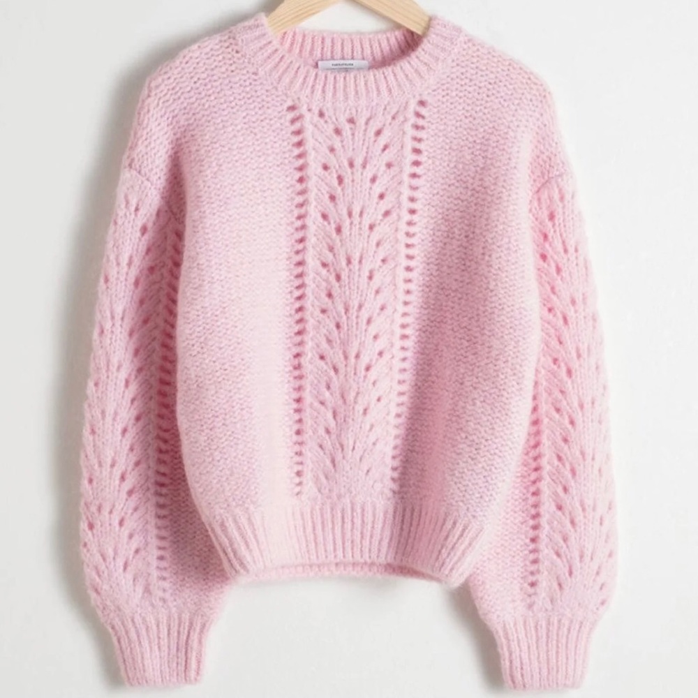 & Other Stories Pink Chunky Cable Knit Crewneck Sweater